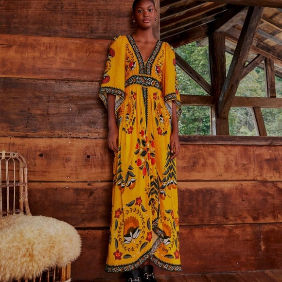 Farm Rio Yellow Tropical Tapestry Kaftan Dress - Picture 2 of 7